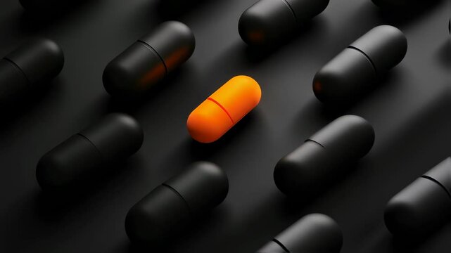 Vibrant orange capsule standing out among rows of black pills on dark surface