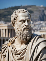 Marble bust of a Roman senator and philosopher in the foreground of ancient Rome.