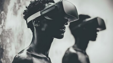 Two Individuals Engaged in Virtual Reality Experience with Headsets