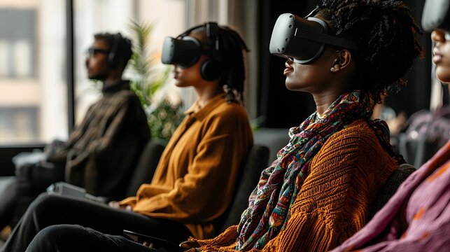 Group of People Engaged in Virtual Reality Experience in Relaxed Setting