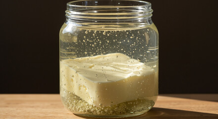 Whole sirene cheese block in brine in sunlit glass jar with copy space