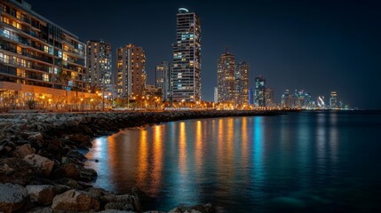 Obraz premium Tel Aviv Night Skyline with Vibrant City Lights and Coastal Highway