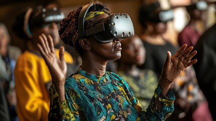 Young Woman Engaged in Virtual Reality Experience with Others Around