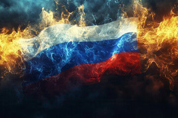 Flames swirl around the Russian flag creating a dramatic and intense visual representation of national identity