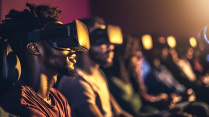 Enthusiastic Audience Immersed in Virtual Reality Experience in Cinema