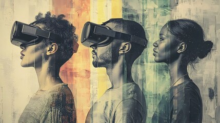 Diverse Individuals Experiencing Virtual Reality in Modern Art Setting