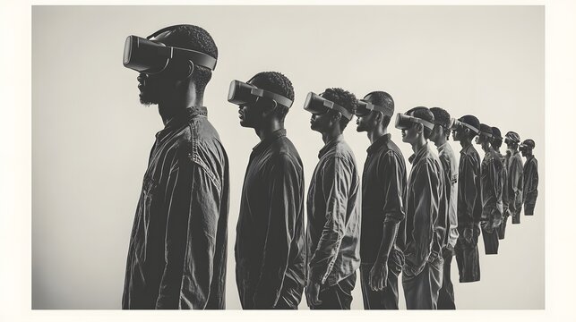 Diverse Individuals Using Virtual Reality Headsets in a Line Formation
