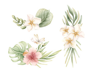 Tropical Hibiscus Plumeria Monstera Palm leaves set Exotic flowers plants Watercolor summer floral isolated illustration