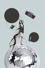 3d pop image vertical art collage of happy girl guy dance retro weekend occasion disco ball boombox tape cassette chill vibe