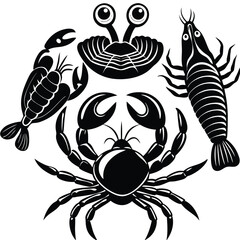 fish art, seafood black silhouette, white background,  monochrome illustration, stylized fish, seafood icon, fish set, Seafood Illustration Bundle