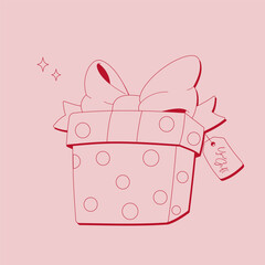 Minimal pink gift box with big bow and polka dots on pastel background. Flat line art style. Perfect for greeting cards, packaging, shopping, birthday or Valentine's Day.