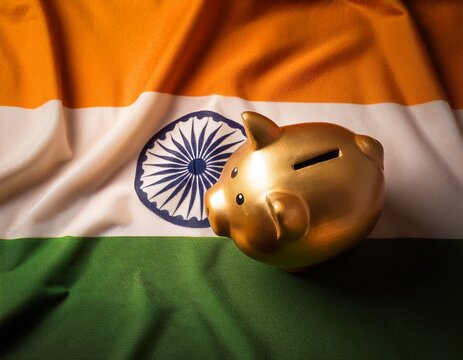 gold piggy bank placing on india flag