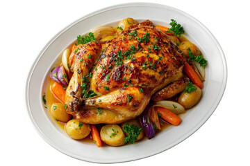 Perfectly Roasted Whole Chicken with Herbs de Provence and Colorful Vegetables on a White Plate