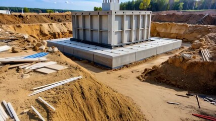 Concrete foundation box structure under construction, set in sandy terrain surrounded by excavated soil and distant foliage