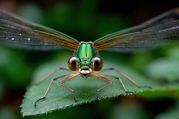 This striking image captures a vivid green dragonfly perched on a leaf, showcasing its intricate eyes and wings, evoking a sense of grace and the beauty of nature.