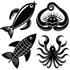 fish art, seafood black silhouette, white background,  monochrome illustration, stylized fish, seafood icon, fish set, Seafood Illustration Bundle