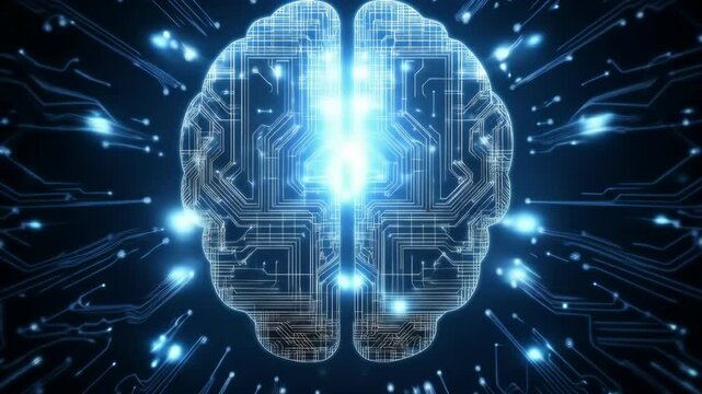 Glowing digital brain with neural circuitry exploding in futuristic animation