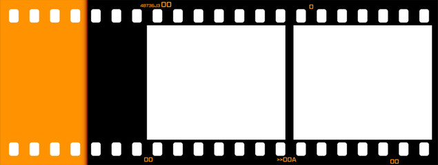 Retro film strip frame with black and orange colors, including sprocket holes and empty photo spaces. Vintage photo template for photography designs. Vector EPS 10