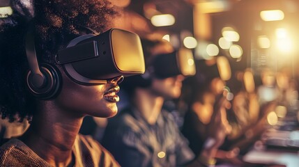 Woman Engaged in Virtual Reality Experience with Headset and Controller