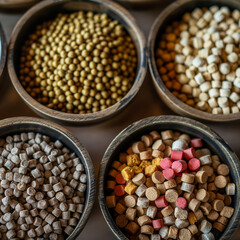 Variety of colorful spices in wooden bowls arranged on table  