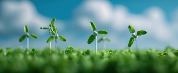 The miniature wind turbines flourishing in a lush green landscape.