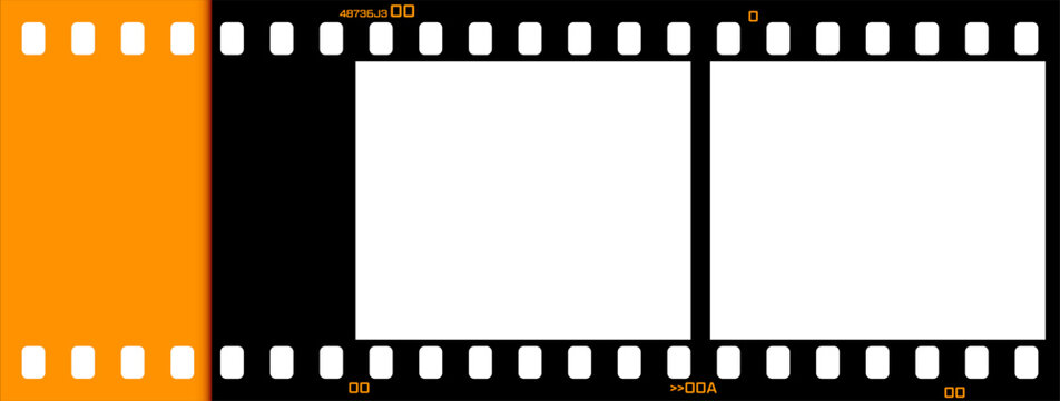 Retro film strip frame with black and orange colors, including sprocket holes and empty photo spaces. Vintage photo template for photography designs. Vector EPS 10