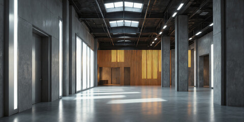 Luxury Brutalist Warehouse with Architectural Concrete Forms and Mood Lighting - Heavy industrial concrete structures, seamless floors, embedded linear LED