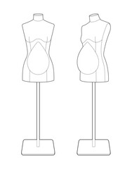 Vector outline of pregnant dress forms for maternity clothing design. Female mannequins for tailoring and sewing maternity wear. Black line art on white background.