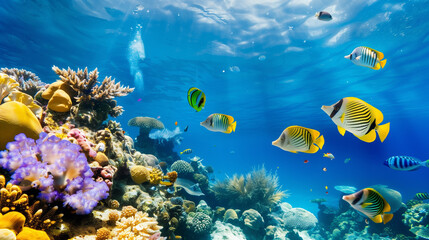 Tranquil underwater scene with copy space. Underwater view of the coral reef. Life in the ocean.