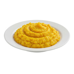 Swirled butternut squash puree on white plate, culinary presentation