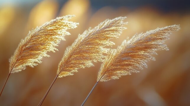Three Golden Reed Stalks Blurred Background in Natural Lighting Close Up