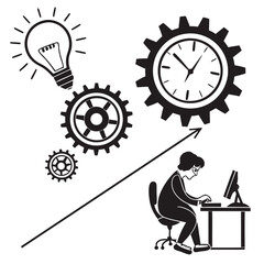 Creative Productivity Depiction Ideas Fueling Time Management Leading to Success and Growth Depicted Through Gears a Lightbulb and a Person Working