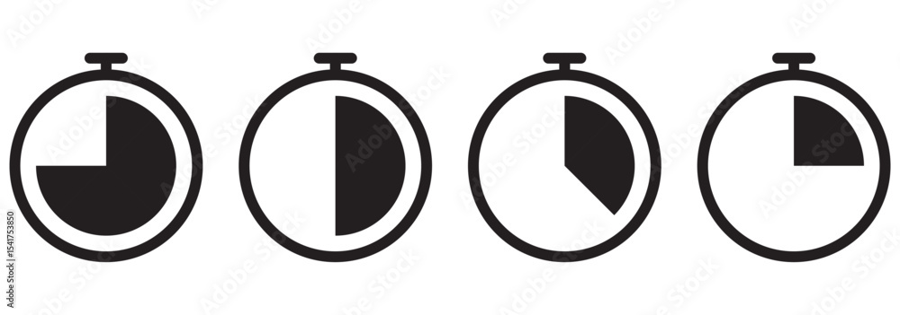 Poster set of timer clock faces and stopwatch icons. the countdown timer displays hours and minutes. stopwa