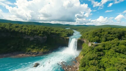 Fototapeta premium Scenic waterfall plunging into a river valley surrounded by lush green forests and rolling hills under a cloudy blue sky