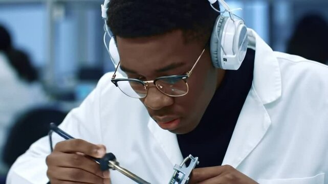 Focused Young Engineer Soldering Electronics While Wearing Headphones in a Lab
