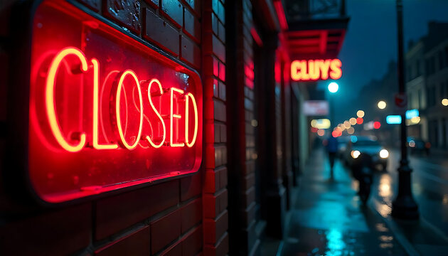 neon sign, storefront, night, city street, atmospheric, moody, rainy, wet pavement, blurred background, cinematic, 4K and HD image
