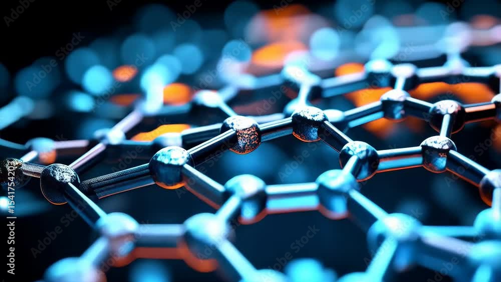 Poster detailed structure of an atom network with hexagonal lattice and orange and blue elements, represent