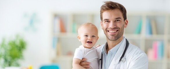 The doctor holding a happy baby in a bright healthcare setting.