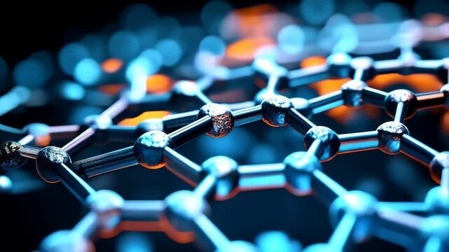 Detailed structure of an atom network with hexagonal lattice and orange and blue elements, representing interconnected chemical bonds
