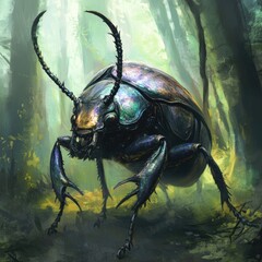 Giant iridescent beetle in a misty forest