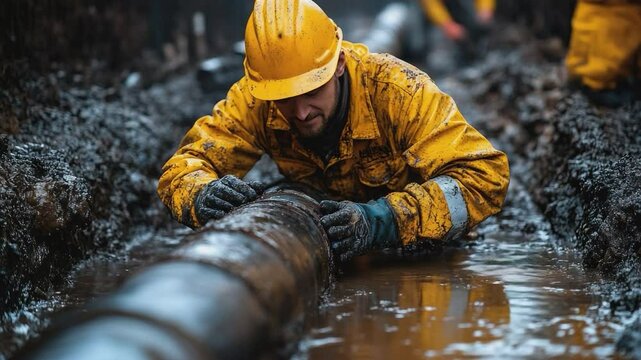 Pipe inspection in action: A diligent worker inspects a corroded section of a water pipeline, surrounded by evidence of wear and tear, emphasizing the crucial role of infrastructure maintenance.