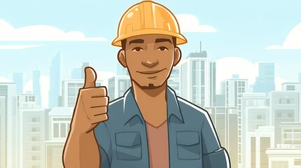 Construction worker giving thumbs up with city skyline