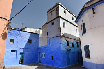 Streets and houses of Chefchaouen, Morocco painted in blue, medieval Unesco heritage