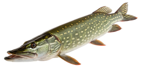 A northern pike fish with a long, slender body and sharp teeth. The fish has a greenish body with light spots and a transparent background.