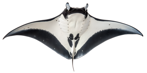 A manta ray gliding gracefully with a transparent background. The ray features a broad, flat body and long, wing-like pectoral fins. Its coloration is predominantly white with black markings.
