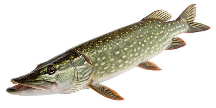 A northern pike fish with a long, slender body and sharp teeth. The fish has a greenish body with light spots and a transparent background.