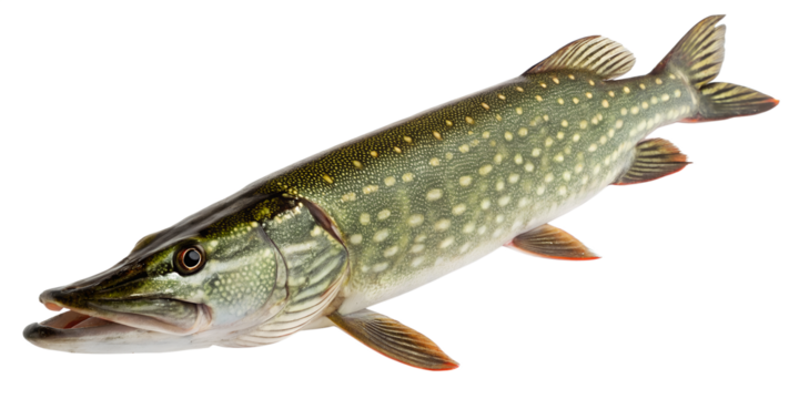 A northern pike fish with a long, slender body and sharp teeth. The fish has a greenish body with light spots and a transparent background.
