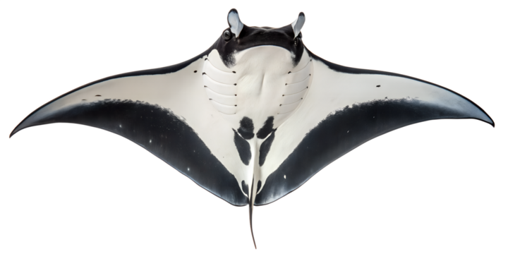 A manta ray gliding gracefully with a transparent background. The ray features a broad, flat body and long, wing-like pectoral fins. Its coloration is predominantly white with black markings.