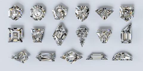 Diamonds cut in various rare styles on white background