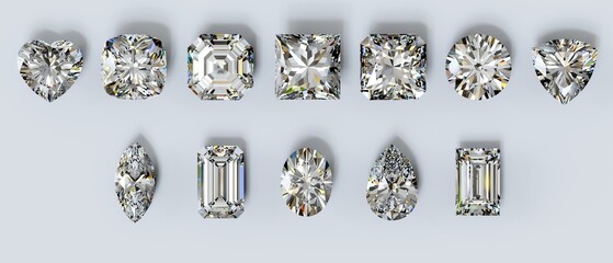 Variously cut diamonds: round brilliant, cushion, heart, asscher, radiant, emerald, baguette, oval, pear, marquise, trilliant, on  white background.